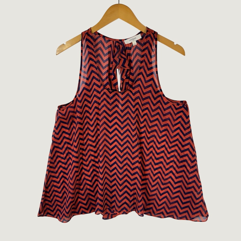 Umgee‎ tank top womens L orange navy chevron A8109 sleeveless open back blouse